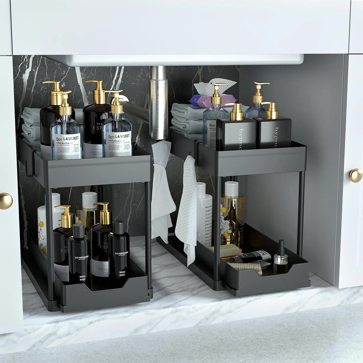 2 Pack Under Sink Organizer us, 2 Tier Bathroom Cabinet Organizer with Sliding Basket, Multi-Purpose Under Sink Organizers and Stor