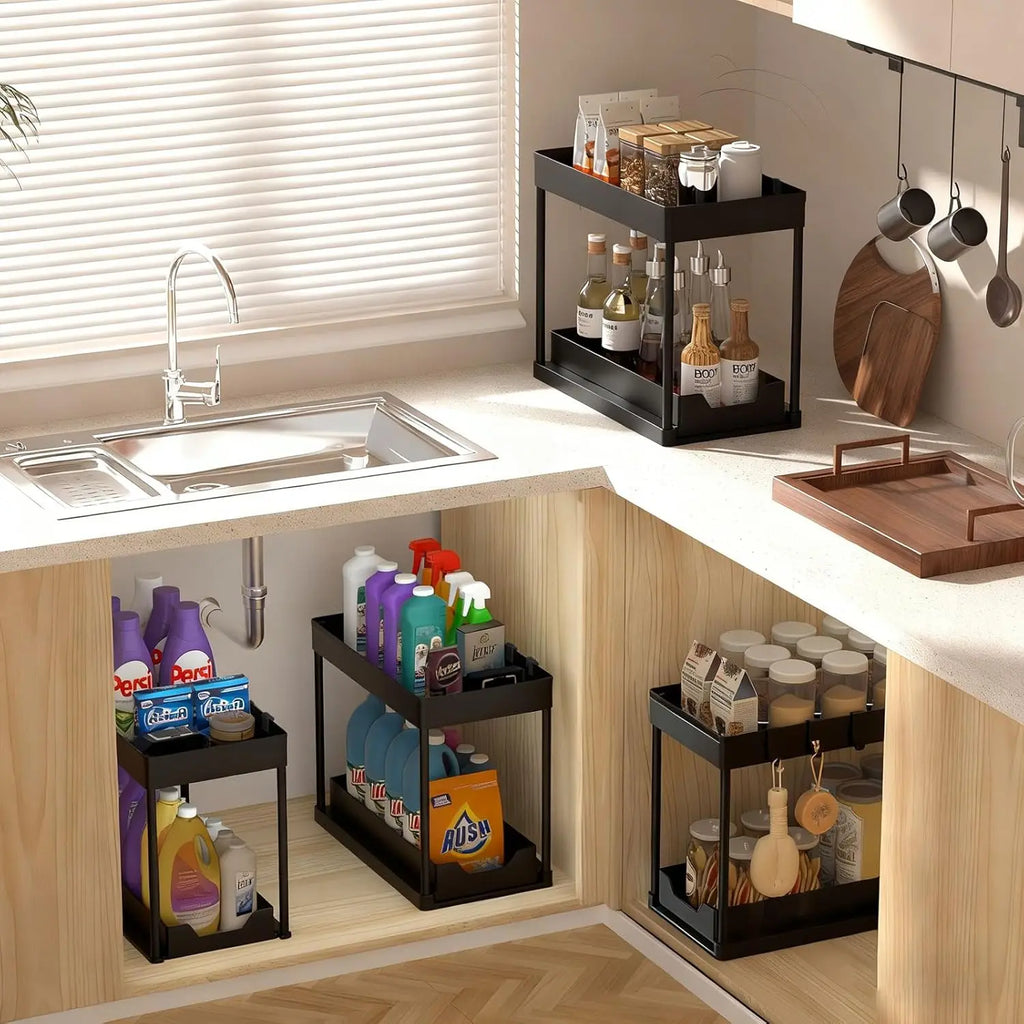 2 Pack Under Sink Organizer us, 2 Tier Bathroom Cabinet Organizer with Sliding Basket, Multi-Purpose Under Sink Organizers and Stor