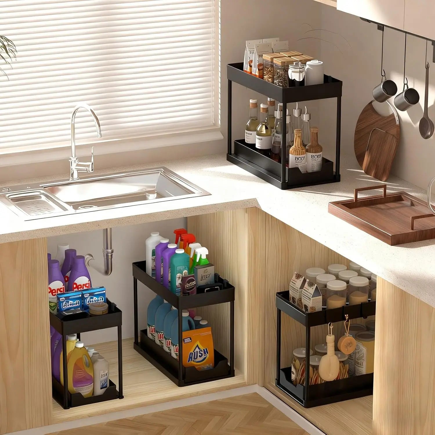 2 Pack Under Sink Organizer us, 2 Tier Bathroom Cabinet Organizer with Sliding Basket, Multi-Purpose Under Sink Organizers and Stor