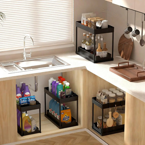 2 Pack Under Sink Organizer us, 2 Tier Bathroom Cabinet Organizer with Sliding Basket, Multi-Purpose Under Sink Organizers and Stor