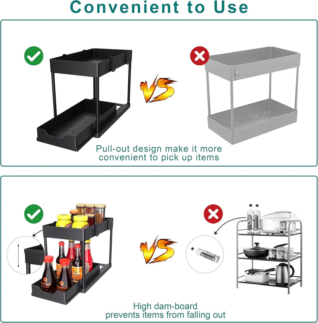 2 Pack Under Sink Organizer us, 2 Tier Bathroom Cabinet Organizer with Sliding Basket, Multi-Purpose Under Sink Organizers and Stor