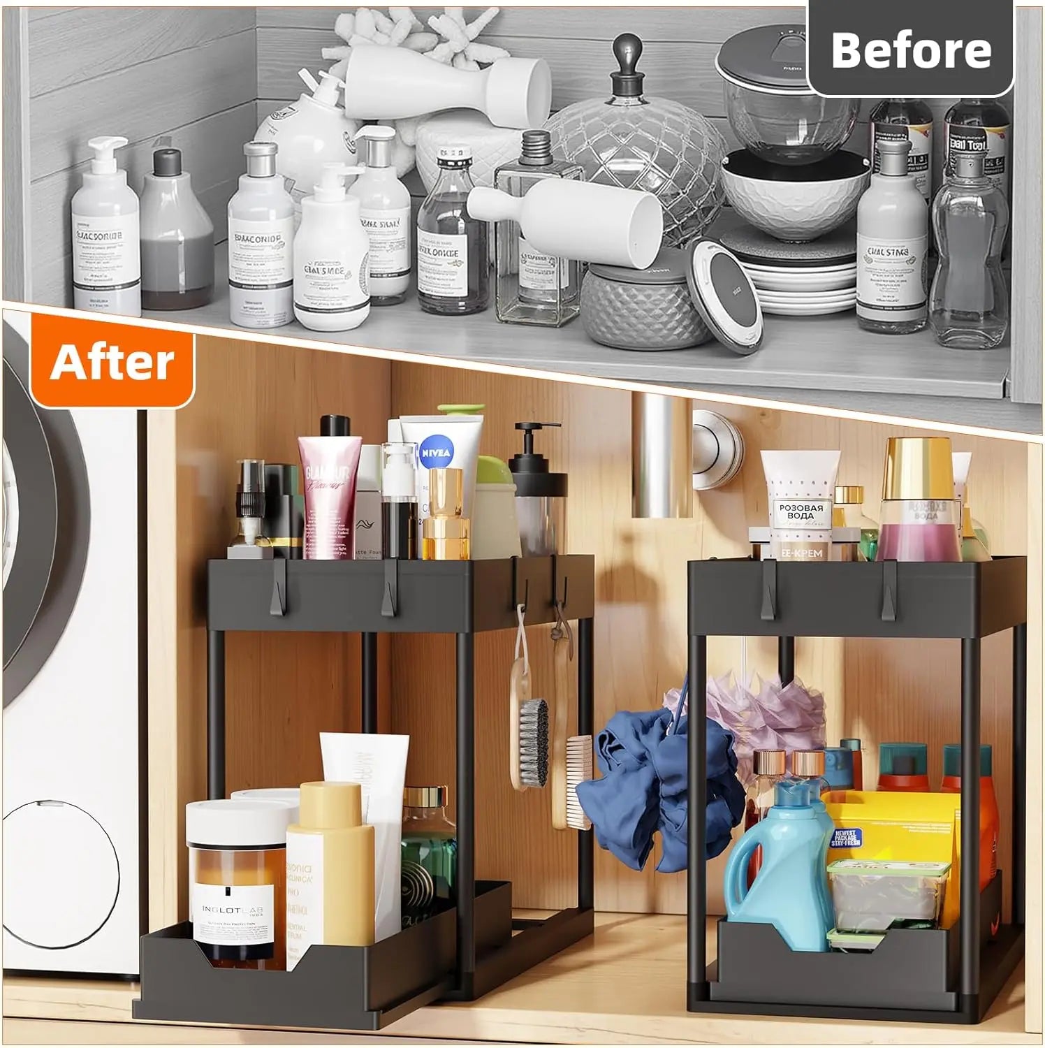 2 Pack Under Sink Organizer us, 2 Tier Bathroom Cabinet Organizer with Sliding Basket, Multi-Purpose Under Sink Organizers and Stor
