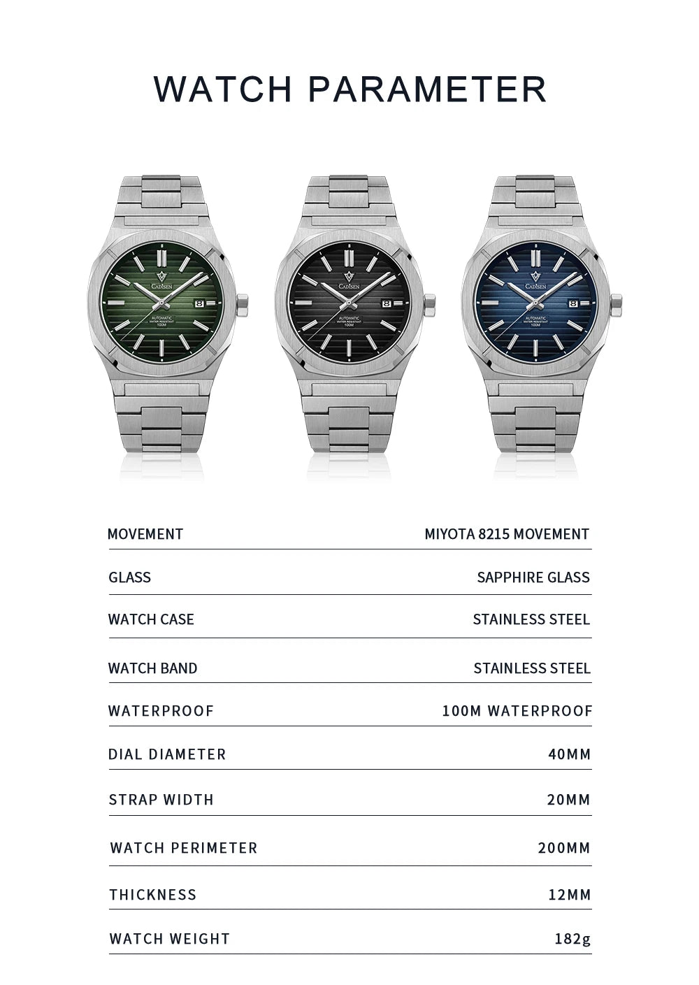 CADISEN Diver Watch Luxury Sapphire MIYOTA 8215 German Designer Men Automatic Mechanical Watches Waterproof Luminous Wristwatch