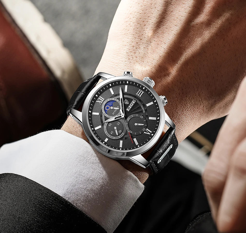 2025 New Mens Watches LIGE Top Brand Luxury Leather Casual Quartz Watch Men's Sport Waterproof Clock Watch Relogio Masculino+Box