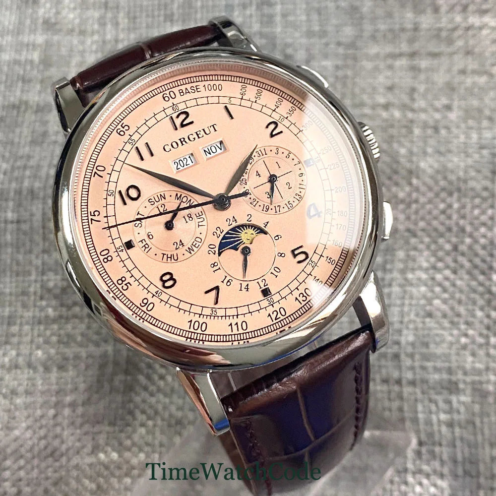 Corgeut 42mm Automatic Men's Watch Date Day Month Year Salmon Dial Multifunction 316L Leather Strap Polished Case Day Night