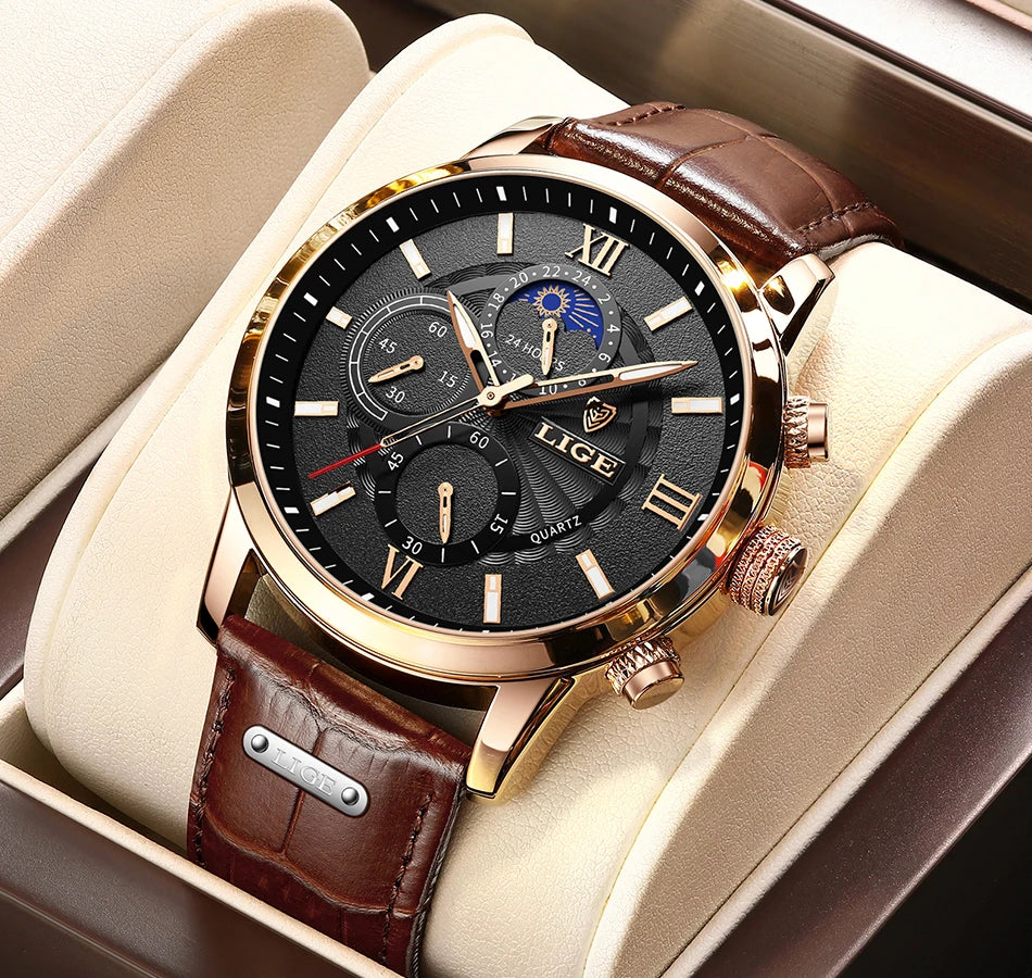 2025 New Mens Watches LIGE Top Brand Luxury Leather Casual Quartz Watch Men's Sport Waterproof Clock Watch Relogio Masculino+Box