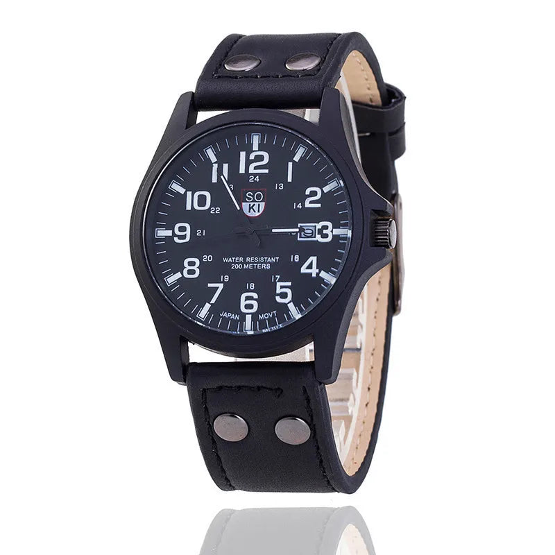 SOKI Mens Casual Wristwatch Quartz Leather Strap Watches Masculino Relogio Fashion Male Calendar Clock Out-door Reloj Hombre