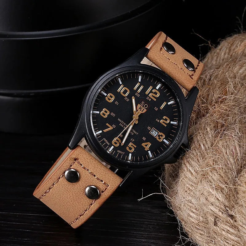 SOKI Mens Casual Wristwatch Quartz Leather Strap Watches Masculino Relogio Fashion Male Calendar Clock Out-door Reloj Hombre