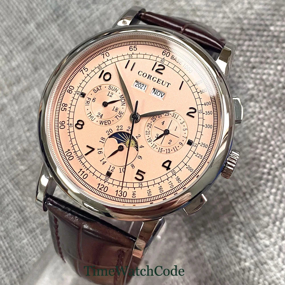 Corgeut 42mm Automatic Men's Watch Date Day Month Year Salmon Dial Multifunction 316L Leather Strap Polished Case Day Night
