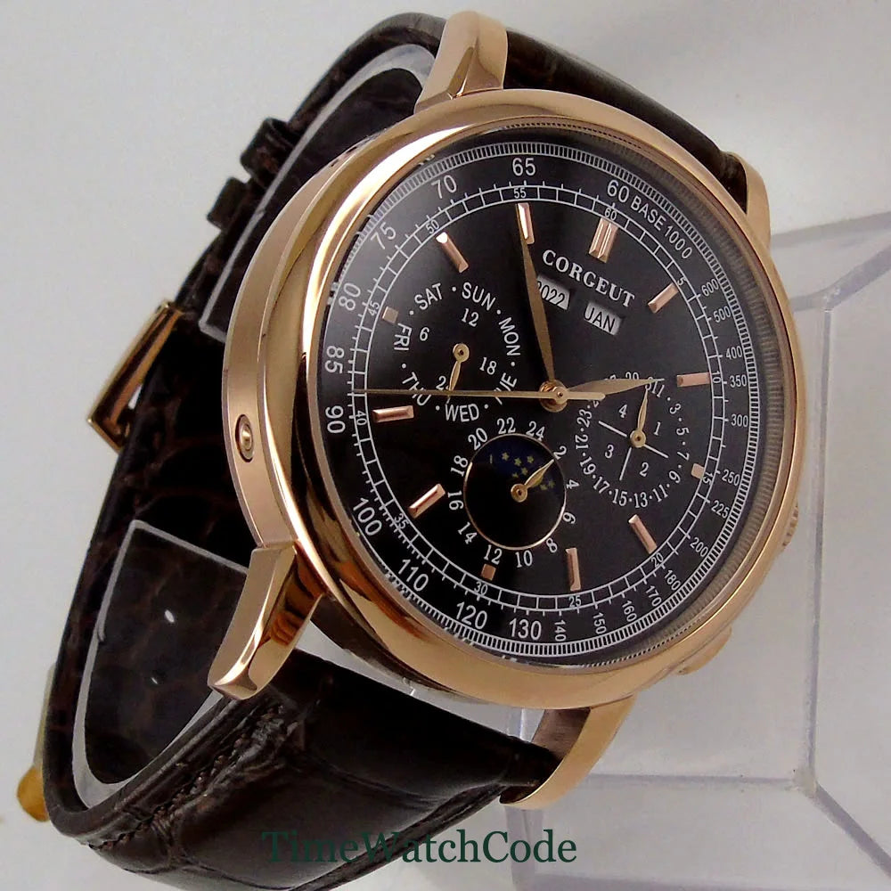 Corgeut 42mm Automatic Men's Watch Date Day Month Year Salmon Dial Multifunction 316L Leather Strap Polished Case Day Night