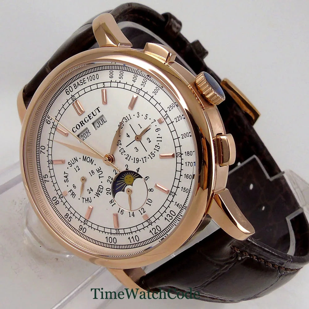 Corgeut 42mm Automatic Men's Watch Date Day Month Year Salmon Dial Multifunction 316L Leather Strap Polished Case Day Night