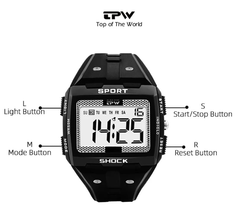 TPW Oversized Digital Watch Big Numbers Easy to Read 5ATM Water Resistant