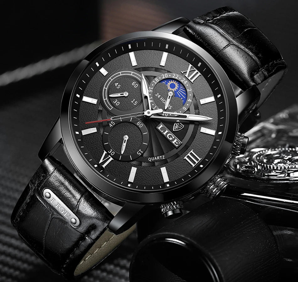 2025 New Mens Watches LIGE Top Brand Luxury Leather Casual Quartz Watch Men's Sport Waterproof Clock Watch Relogio Masculino+Box