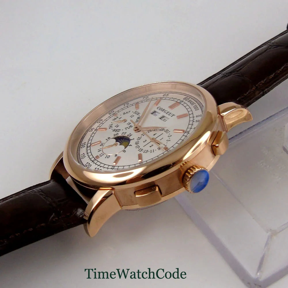 Corgeut 42mm Automatic Men's Watch Date Day Month Year Salmon Dial Multifunction 316L Leather Strap Polished Case Day Night