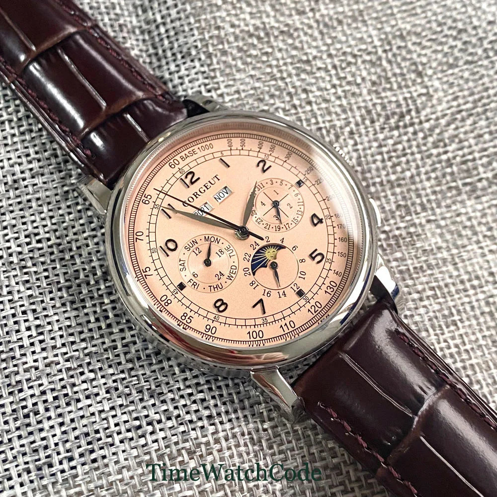 Corgeut 42mm Automatic Men's Watch Date Day Month Year Salmon Dial Multifunction 316L Leather Strap Polished Case Day Night