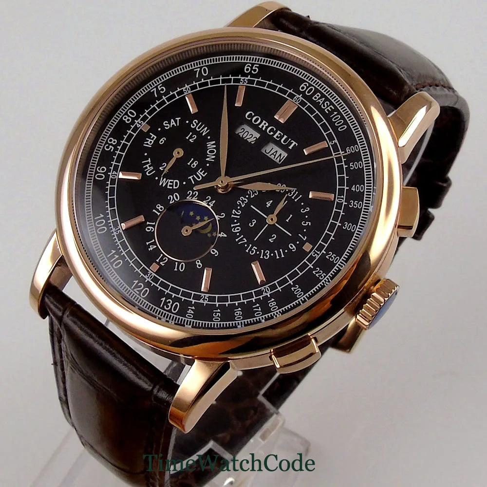 Corgeut 42mm Automatic Men's Watch Date Day Month Year Salmon Dial Multifunction 316L Leather Strap Polished Case Day Night