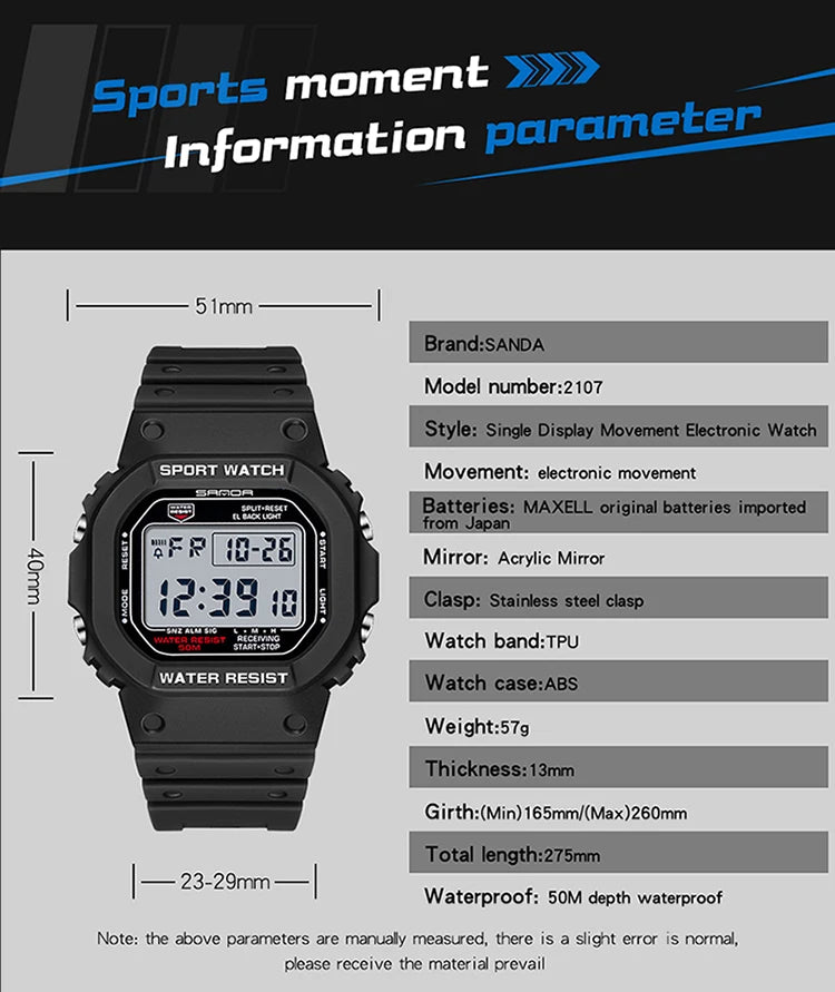 SANDA G Style Digital Watch Men Outdoor Waterproof Sports Wrist Watches For Men Running Stopwatch Military LED Electronic Clock