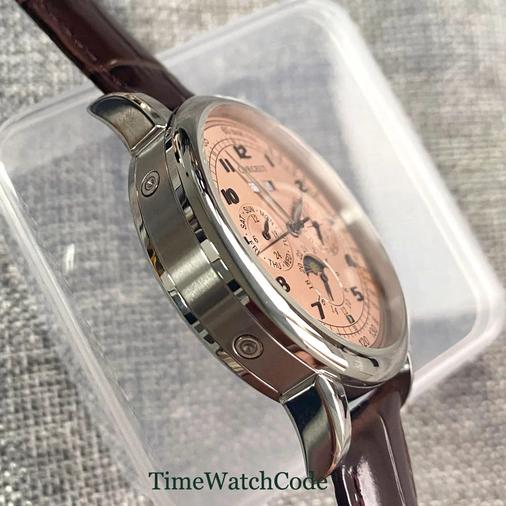 Corgeut 42mm Automatic Men's Watch Date Day Month Year Salmon Dial Multifunction 316L Leather Strap Polished Case Day Night