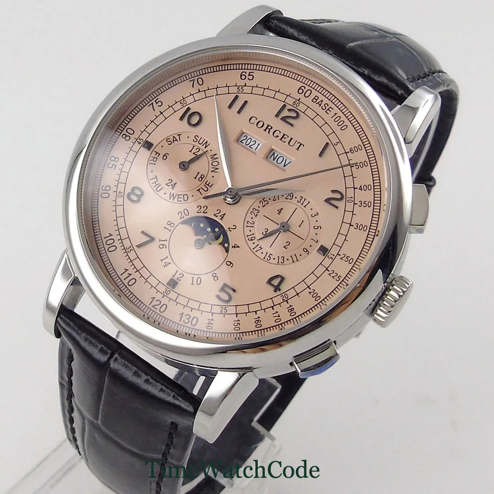 Corgeut 42mm Automatic Men's Watch Date Day Month Year Salmon Dial Multifunction 316L Leather Strap Polished Case Day Night