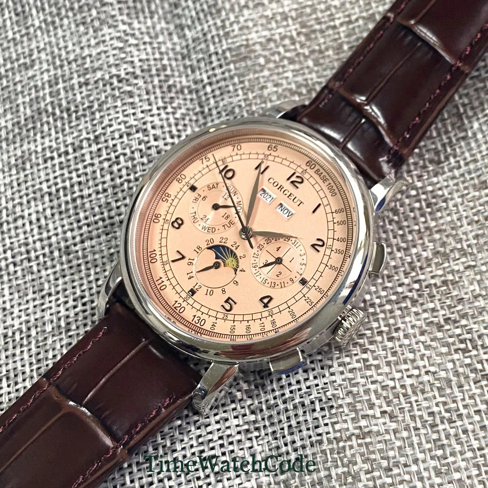Corgeut 42mm Automatic Men's Watch Date Day Month Year Salmon Dial Multifunction 316L Leather Strap Polished Case Day Night