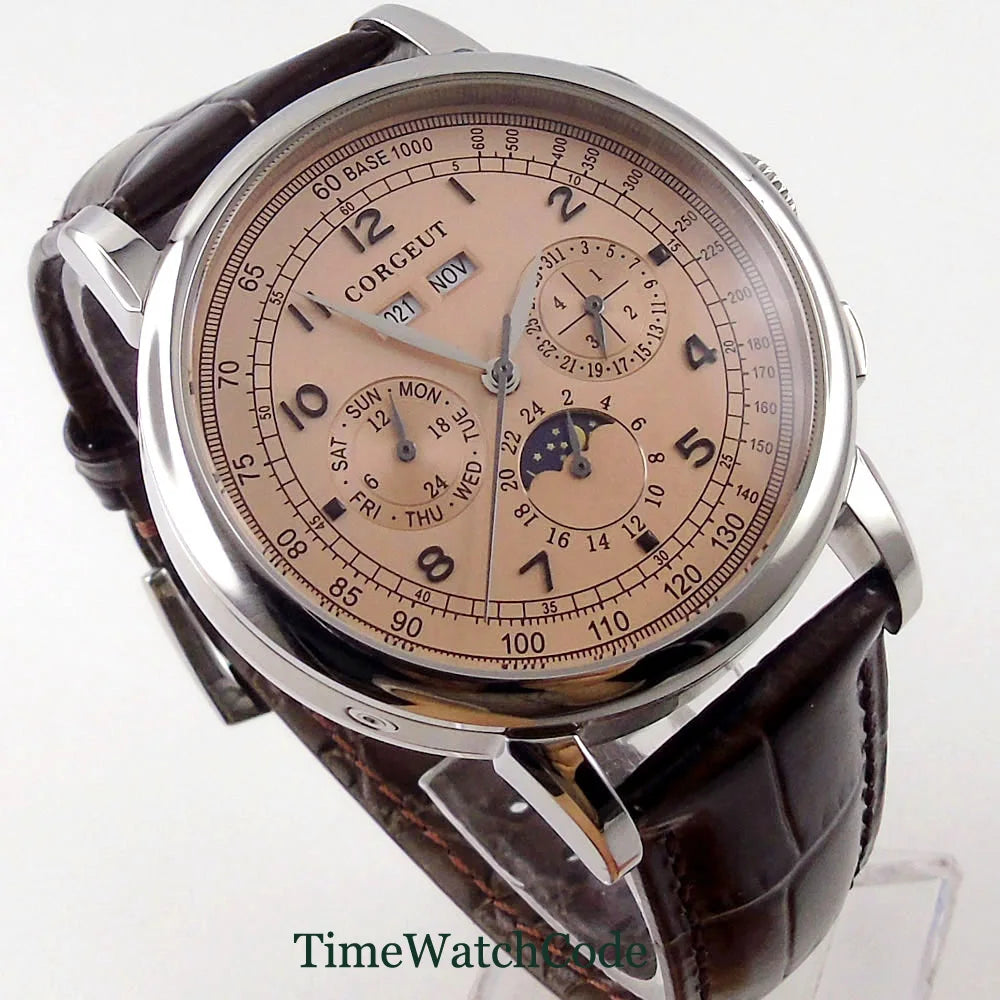 Corgeut 42mm Automatic Men's Watch Date Day Month Year Salmon Dial Multifunction 316L Leather Strap Polished Case Day Night