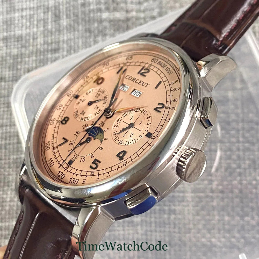 Corgeut 42mm Automatic Men's Watch Date Day Month Year Salmon Dial Multifunction 316L Leather Strap Polished Case Day Night