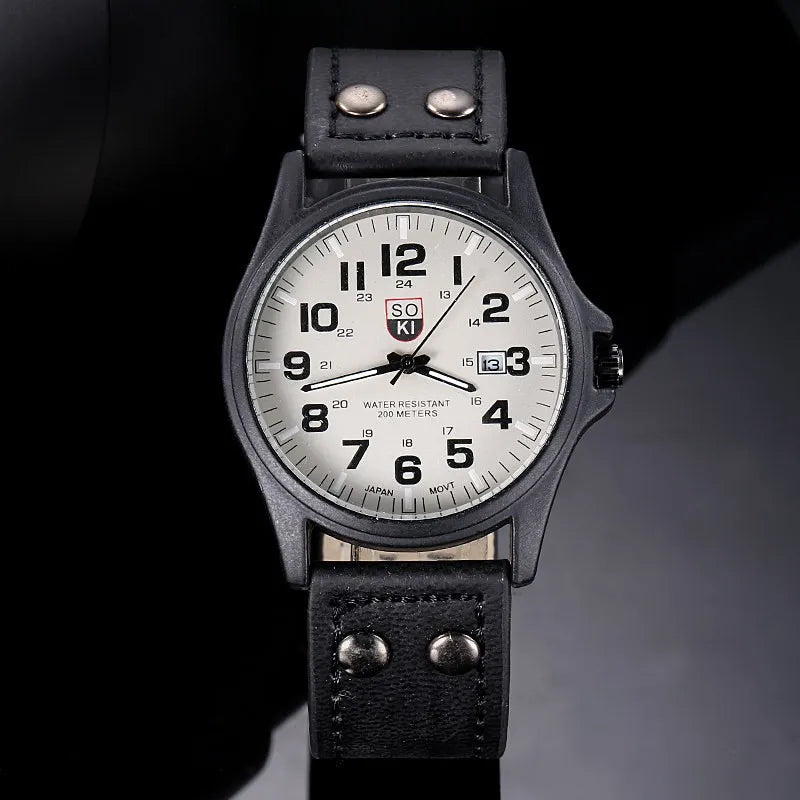SOKI Mens Casual Wristwatch Quartz Leather Strap Watches Masculino Relogio Fashion Male Calendar Clock Out-door Reloj Hombre