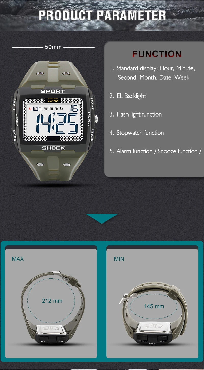 TPW Oversized Digital Watch Big Numbers Easy to Read 5ATM Water Resistant