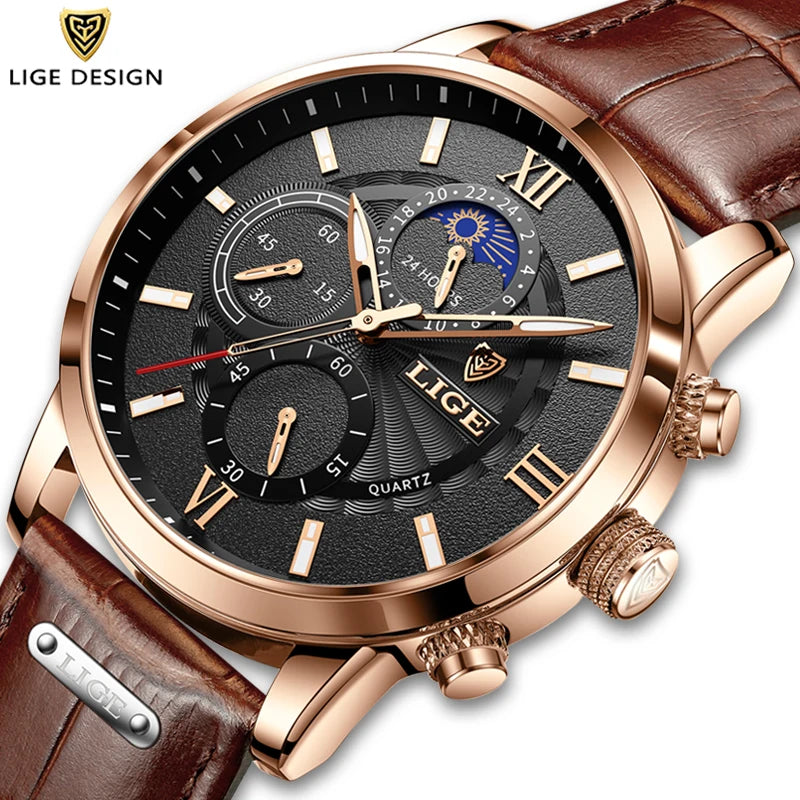 2025 New Mens Watches LIGE Top Brand Luxury Leather Casual Quartz Watch Men's Sport Waterproof Clock Watch Relogio Masculino+Box
