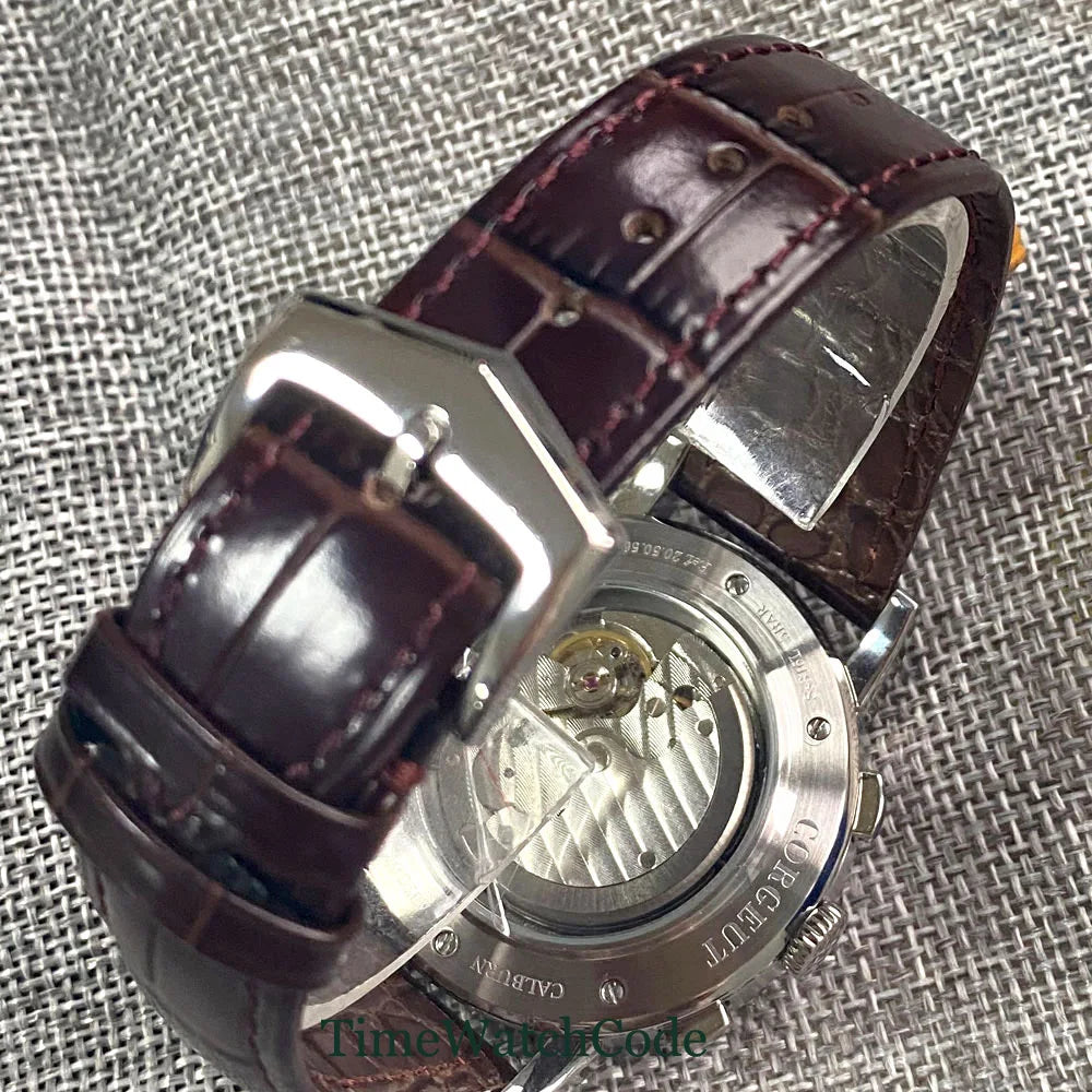 Corgeut 42mm Automatic Men's Watch Date Day Month Year Salmon Dial Multifunction 316L Leather Strap Polished Case Day Night