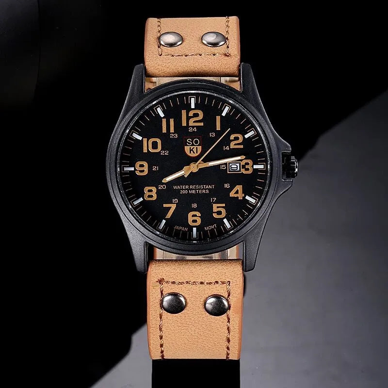 SOKI Mens Casual Wristwatch Quartz Leather Strap Watches Masculino Relogio Fashion Male Calendar Clock Out-door Reloj Hombre