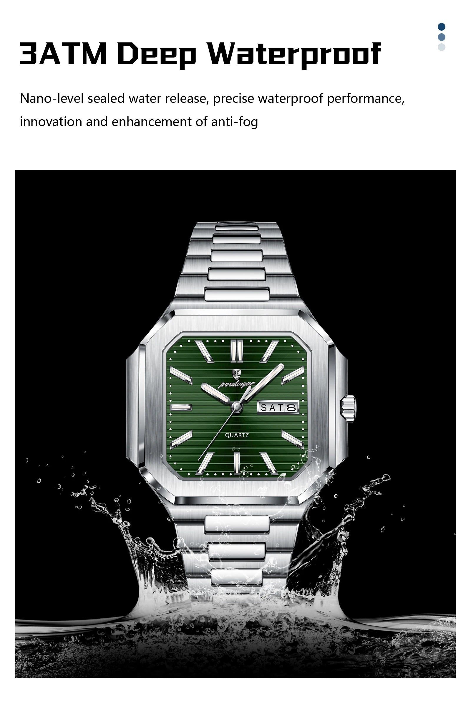 POEDAGAR Luxury Square Male Watch Waterproof Luminous Date Week Quartz Watches For Men Stainless Steel Fashion Men's Clock Reloj