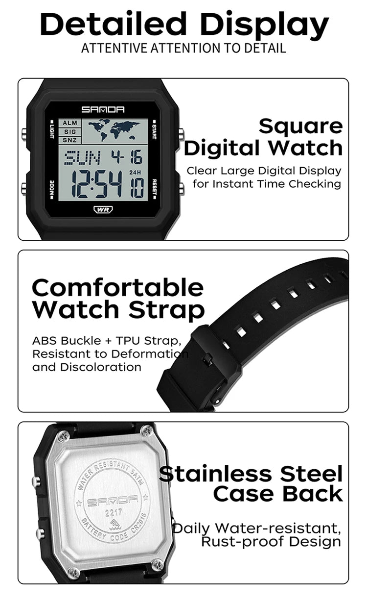 SANDA 2217 Sports Fashion Men Electronic Watches Multifunction Alarm Clock Countdown Luminous Waterproof Men's Digital Wristwatc