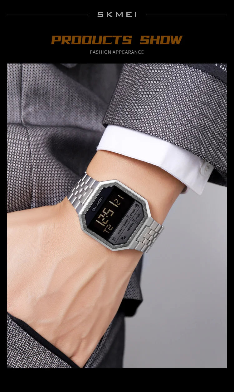 Skmei Luxury Steel Strap Digital Watches for Mens LED Light 50M Waterproof Fashion Sports Dual Time with Alarm Clock