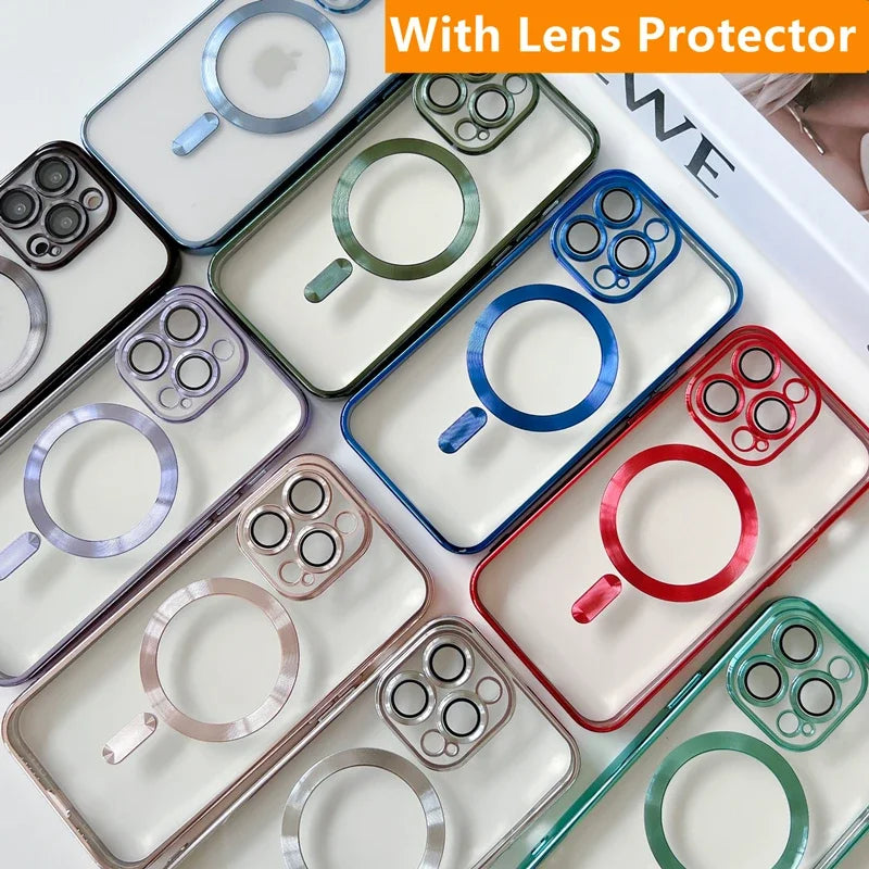 Luxury Plating For Magsafe Case For iPhone 16 15 14 13 12 11 Pro Max Wireless Charge Magnetic Cover With Camera Lens Protector