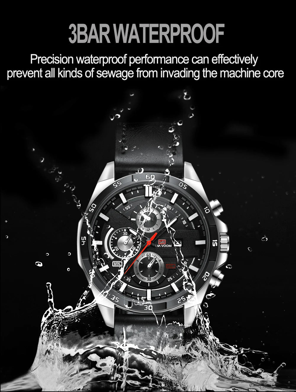 Man Sports Watches Fashion Racing Series 46mm Black Leather Clock VA VA VOOM Quartz Movement 3Bar Waterproof Wrist Watch for Men