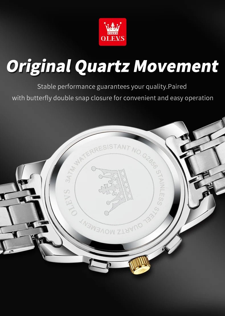OLEVS 2856 Quartz Watch for Men Flywheel Skeleton Chronograph Moon Phase Multifunctional Stainless steel Men's Wristwatches