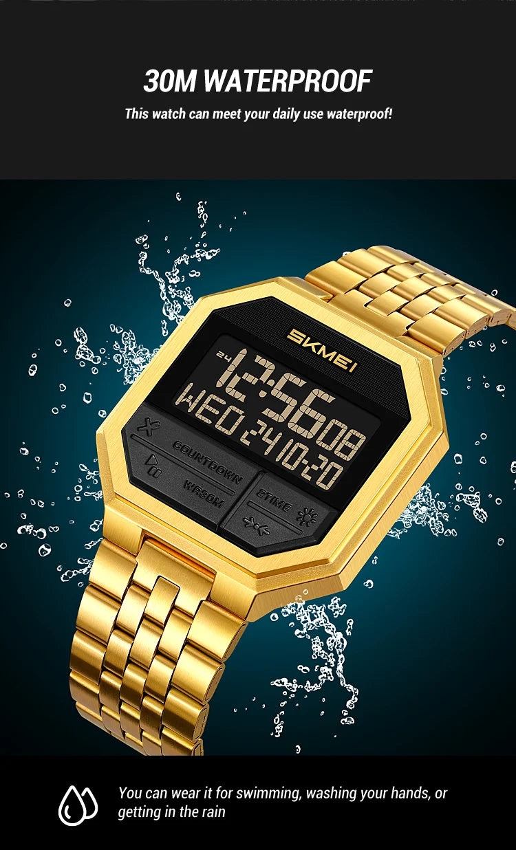 Skmei Luxury Steel Strap Digital Watches for Mens LED Light 50M Waterproof Fashion Sports Dual Time with Alarm Clock