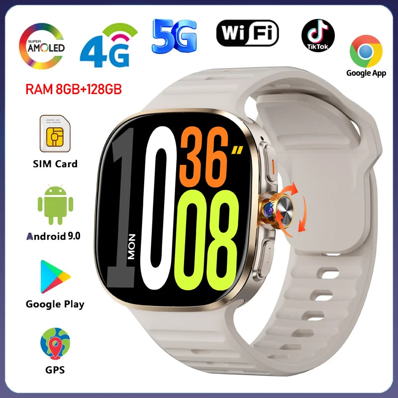 8GB+128GB RAM 5G/4G Smart Watch 2.4 inch AMOLED 2100mah Battery 900W Camera GPS WIFI Google APPS Download Smartwatch Android 10
