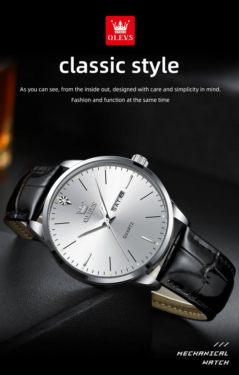 OLEVS 2935 Men's Watch Dual Calendar Waterproof Luminous Quartz Watch For Men 43mm Big Dial Leather Fashion Business Wristwatch
