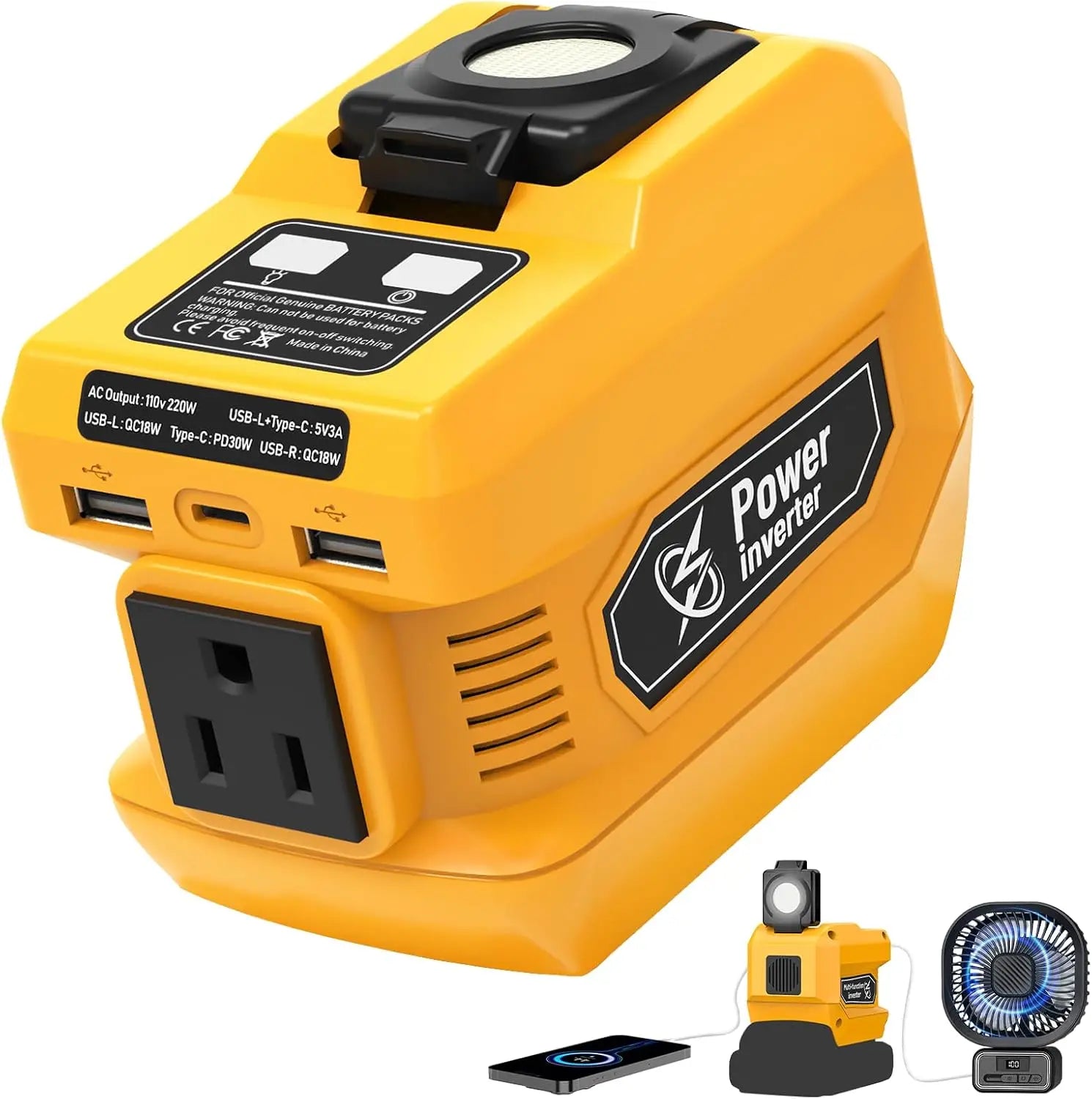 Kzreect 220W Power Inverter Compatible with Dewalt us 20V Battery, 20V to AC 110V, 4 Output & 300LM LED, Inverter for Camping