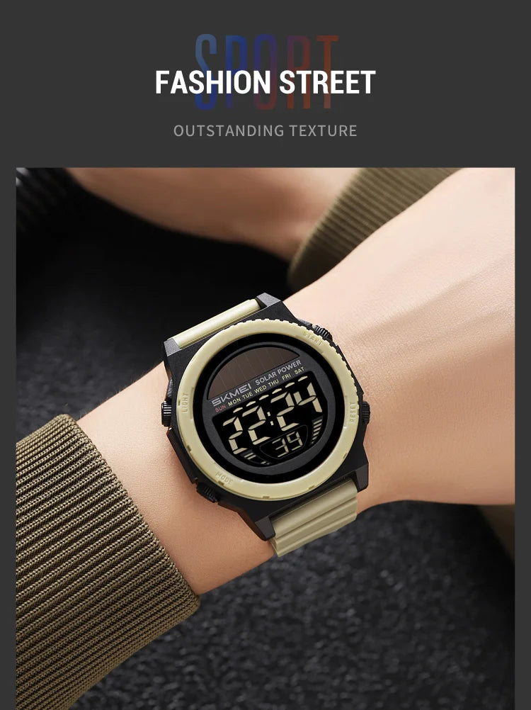 SKMEI Solar Energy Digital Sports Electronic Watches For Men Fashion Casual 5Bar Waterproof Chrono Wristwatch Clock Reloj Hombre