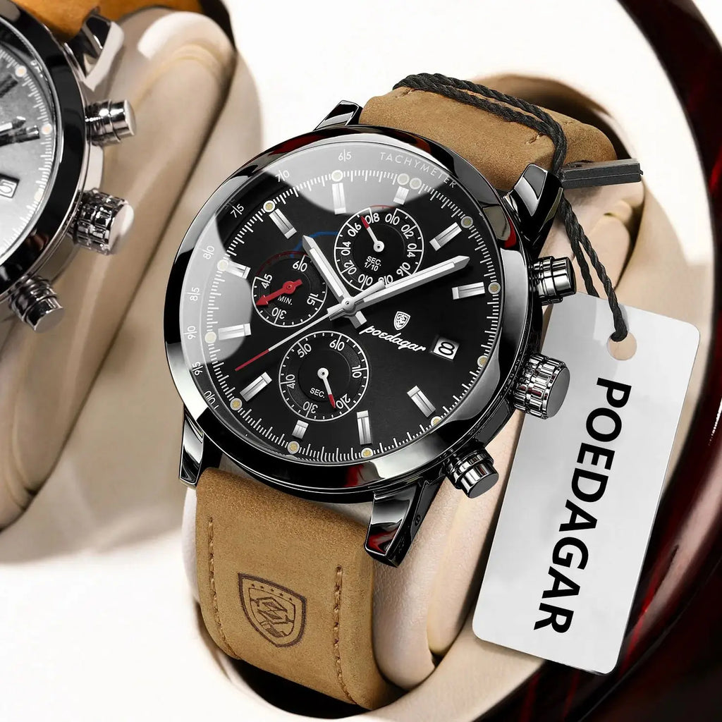 POEDAGAR Fashion Quartz Men's Watch Waterproof Luminous Chronograph Date Leather Man Watch Luxury Business Watches For Men Reloj