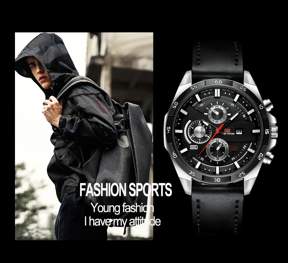 Man Sports Watches Fashion Racing Series 46mm Black Leather Clock VA VA VOOM Quartz Movement 3Bar Waterproof Wrist Watch for Men