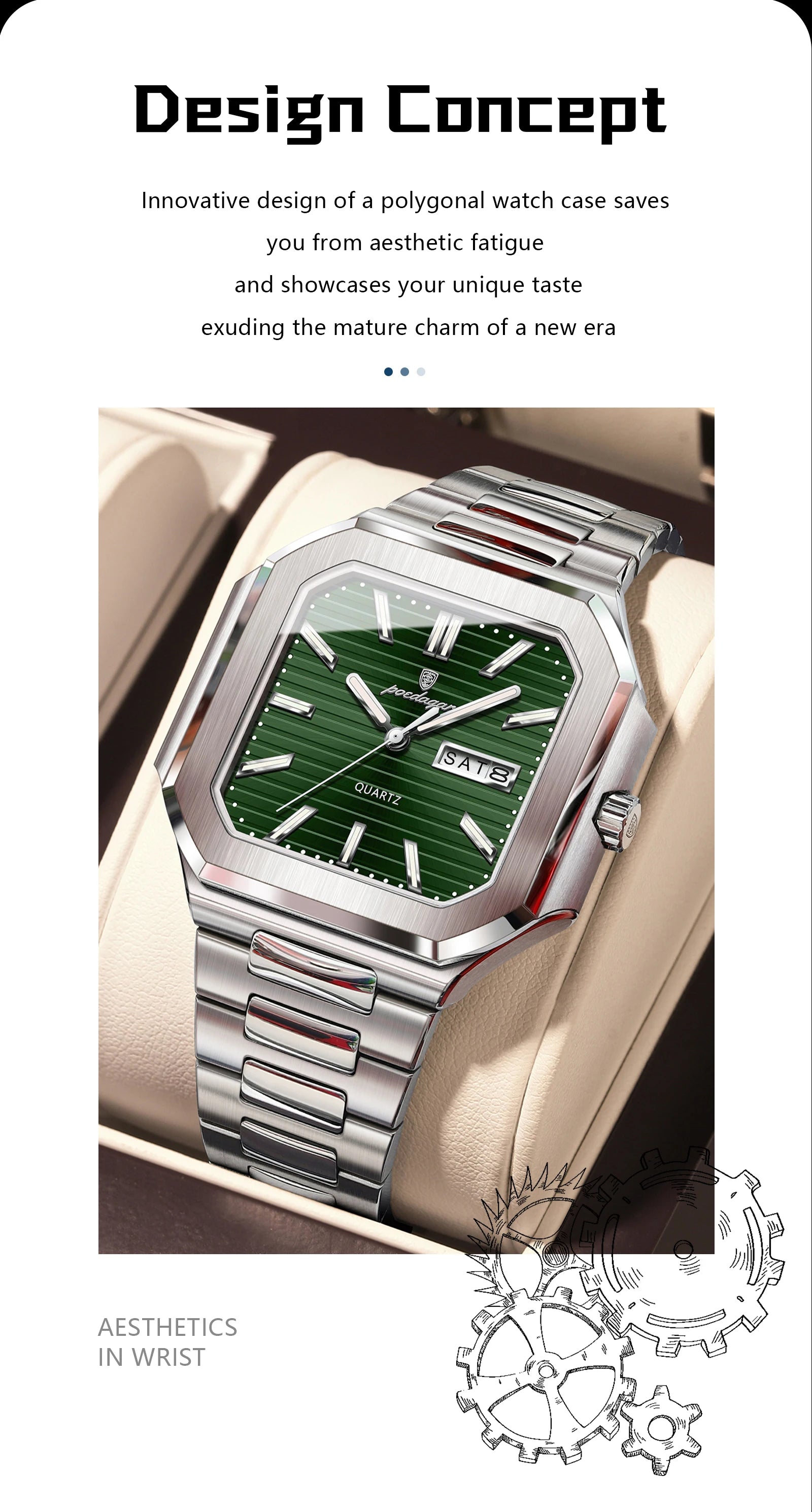POEDAGAR Luxury Square Male Watch Waterproof Luminous Date Week Quartz Watches For Men Stainless Steel Fashion Men's Clock Reloj