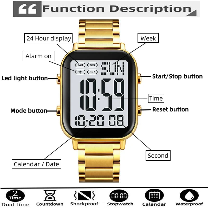 Skmei Men Digital Watches Luxury Stainless Steel Strap Dual Time Zone Man Sports Bracelet Watch 30M Waterproof Male Alarm Clock