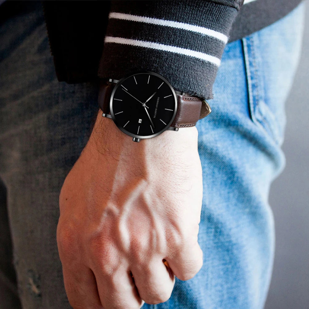 Men Dropshipping Wristwatch Hannah Martin Japan Movement 40mm Blue Minimalist Casual Leather Top Brand 3Bar Luxury Watch for Men