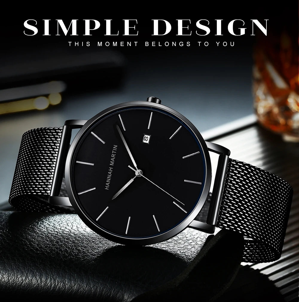 Men Dropshipping Wristwatch Hannah Martin Japan Movement 40mm Blue Minimalist Casual Leather Top Brand 3Bar Luxury Watch for Men
