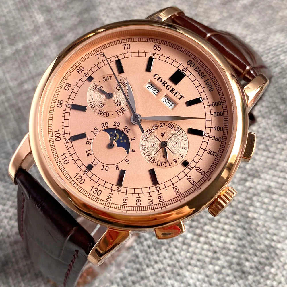 Corgeut 42mm Automatic Men's Watch Date Day Month Year Salmon Dial Multifunction 316L Leather Strap Polished Case Day Night