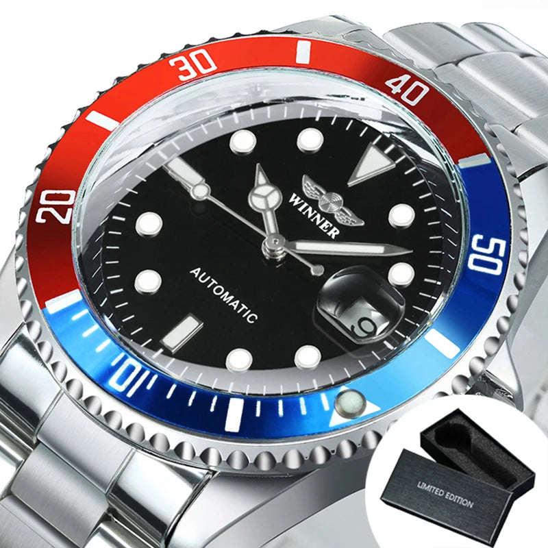 WINNER Classic Mechanical Watch for Men Rotating Bezel Luminous Calendar Fashion Business Automatic Watches Stainless Steel Band